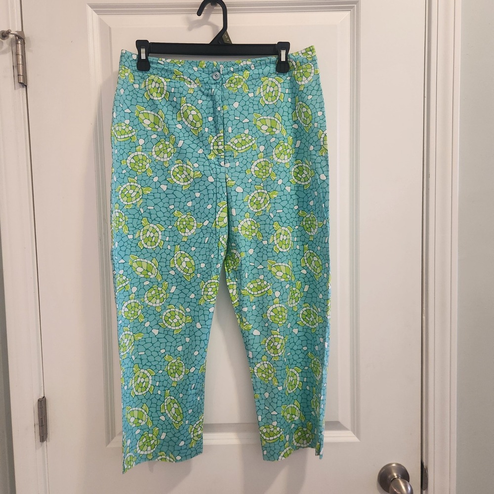 Lilly Pulitzer Sea Turtle Print Cropped Pants Blue Green Petite 8P Stretch